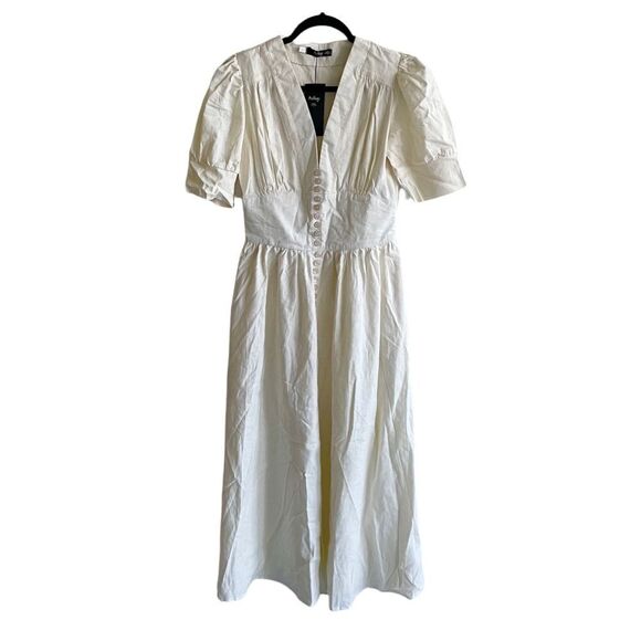MOLEGI Short Sleeve Midi Dress Button Front Front Slit Cream S - Picture 2 of 8